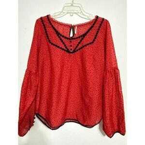 Free People Women's Red with Black Polka Dot Long Sleeve Blouse - Size L